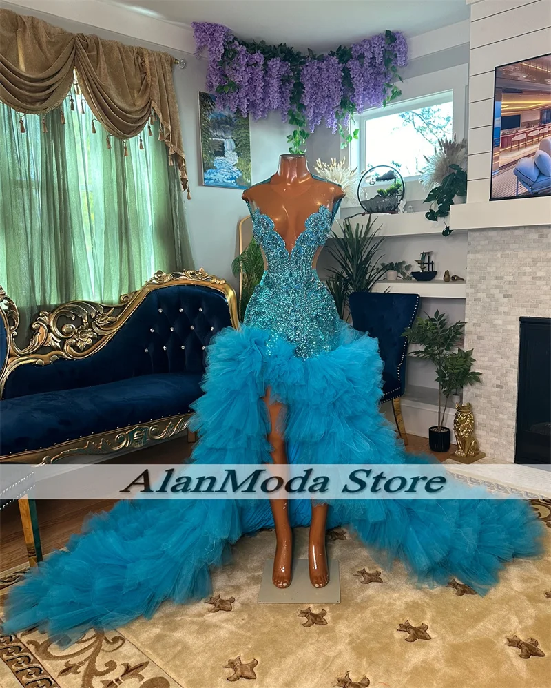 Sky Blue Prom Dresses For Formal Occasions Sweetheart Rhinestone Mermaid Party Gowns Ruffles Bespoke Occasion Dresses Customized