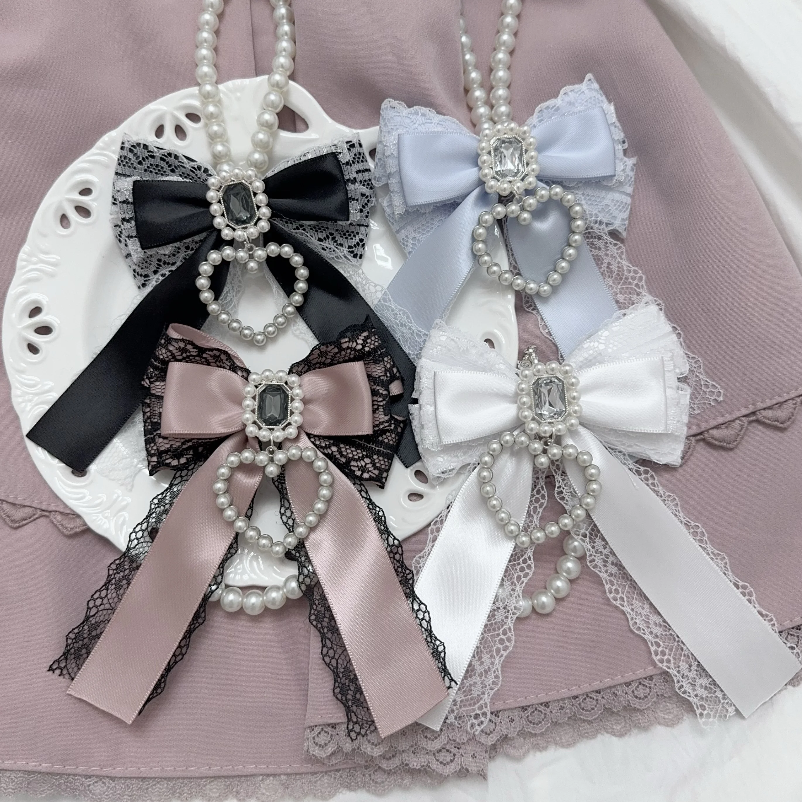 الأصلي Harajuku الشريط الدانتيل قلادة لوليتا القوطية الألم حقيبة اللؤلؤ معلقة كبيرة القلب الماس Bowknot ظهره قلادة