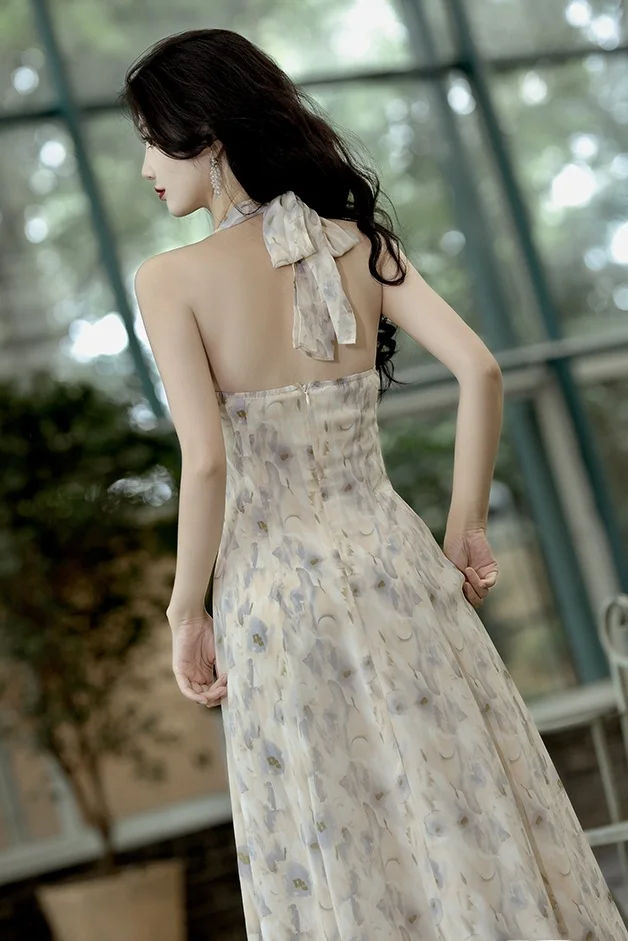Retro Neckline Long Skirt Women's Summer Beach Vacation High-End Sensation Tea Break Beautiful Chiffon Dress Fashion Set
