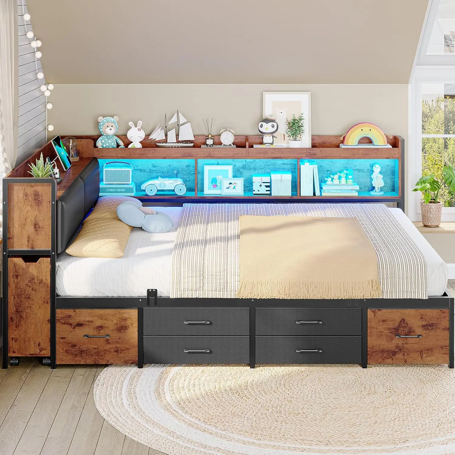 14 Inch Corner Bed Frame with Pull-Out Cabinet, Bookcase & Headboad Storage, Full LED Daybed with 6 Drawers,, Customized