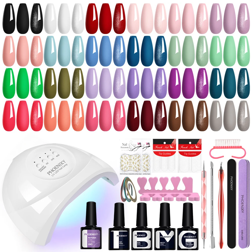 PHOENIXY Set di smalti gel da 8 ml Smalto gel da 24 colori con base per lampada da 48 W Top coat con glitter opaco Set completo di design per nail art