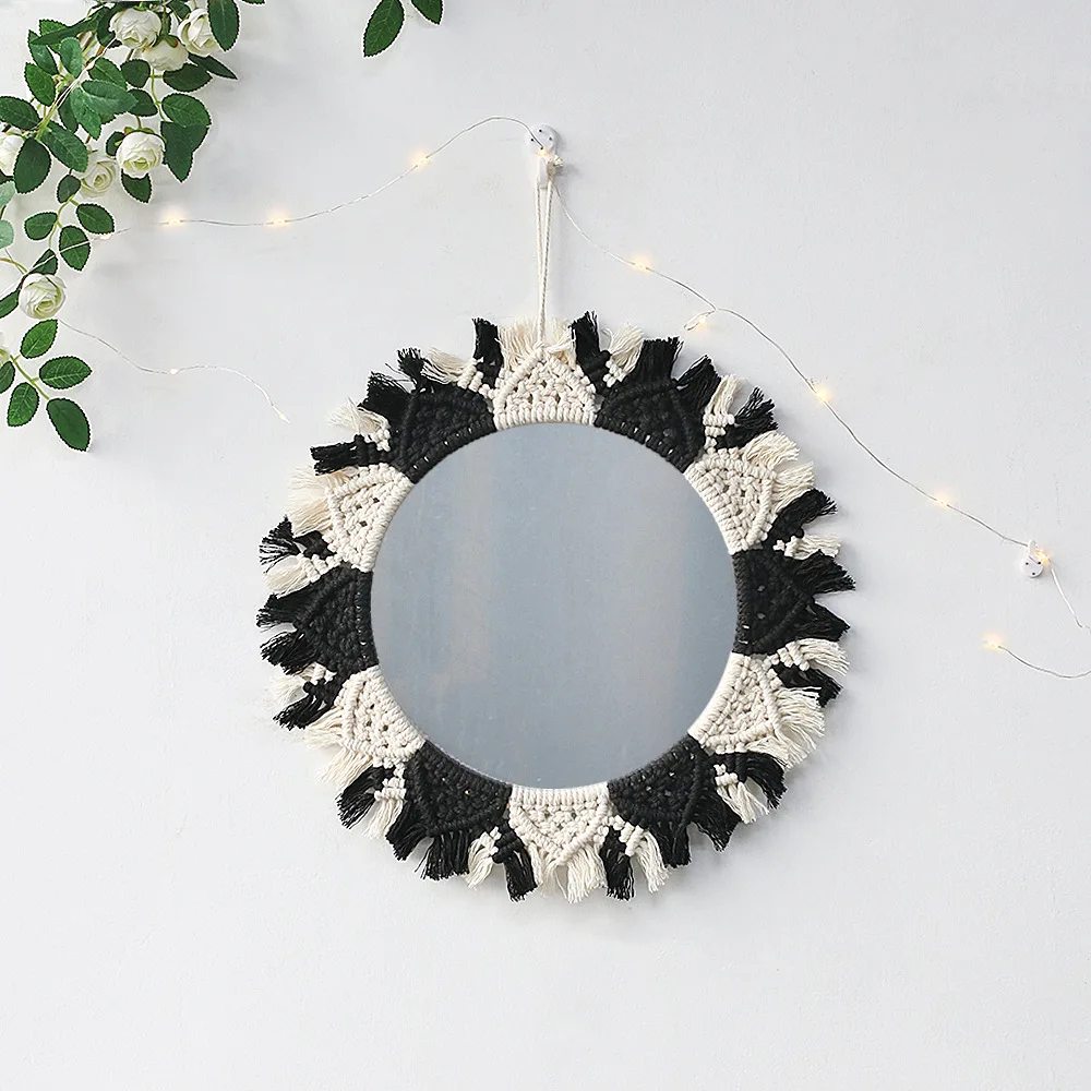 

Ins Cotton Threading Dark Round Mirror Bohemian Woven Handmade Decorative Mirror Black And White Tapestry Bedroom Wall Hanging
