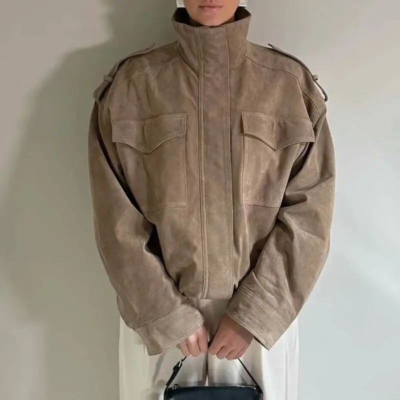 

Leather Women's Zartins Khaki Outwear Long Sleeve Tops 2025 With Pockets Streetwear Fashion Woman Jackets Coat