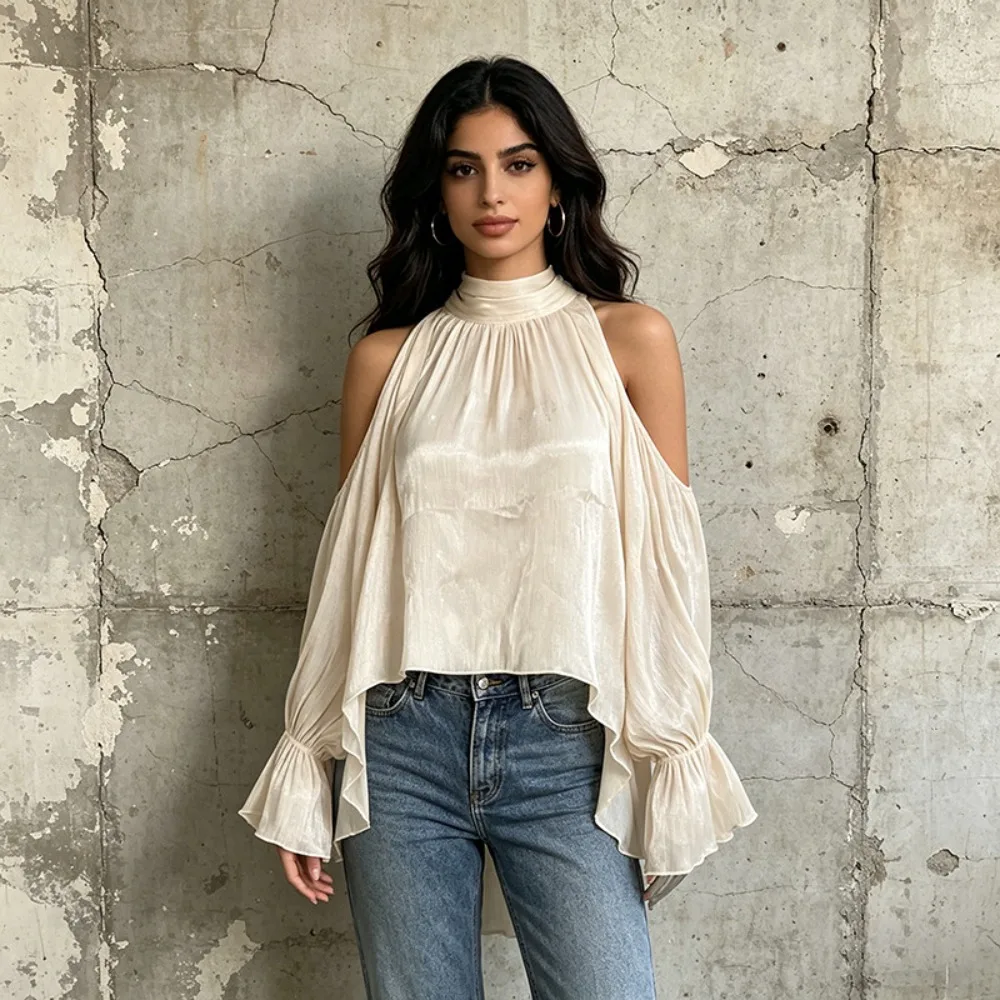 Gentle and Sweet Style Off-shoulder Solid Color Top 2026 Spring New High-neck Bell Sleeves Loose Flesh-covering Shirt for Women