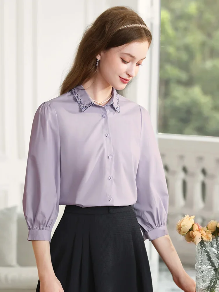 I BELIEVE YOU French Autumn Women's Shirt Embroidery Puff Sleeve 2023 New Purple Fresh Turn-down Collar Female Shirts 2233055224