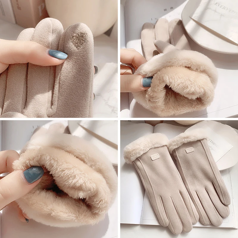 Winter Female Cashmere Warm Suede Leather Cycling Mittens Double Thick Velvet Plush Wrist Women Touch Screen Driving Gloves