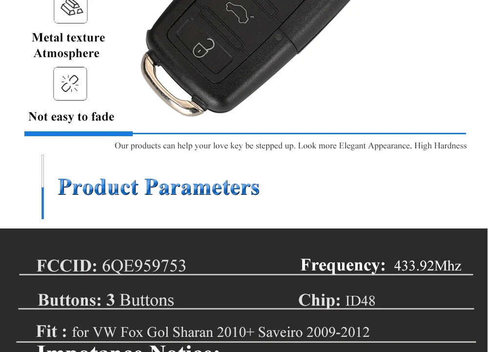 Jingyuqin 6QE 959 753 Fernbedienung Auto Schlüsselanhänger 434 MHz für Volkswagen VW Fox Gol Sharan 2010 + Saveiro2009-2012 6QE 959753 Flip 3-Knöpfe – Detail 4