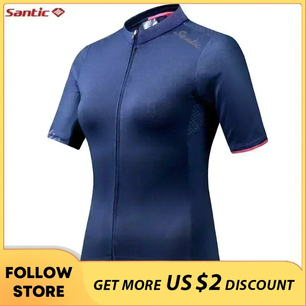 Santic Cycling Jersey Women Short Sleeve Summer Mountain Bicycle Clothing Non-Slip Full Zipper Road Bike Shirts Navy Blue S-3XL