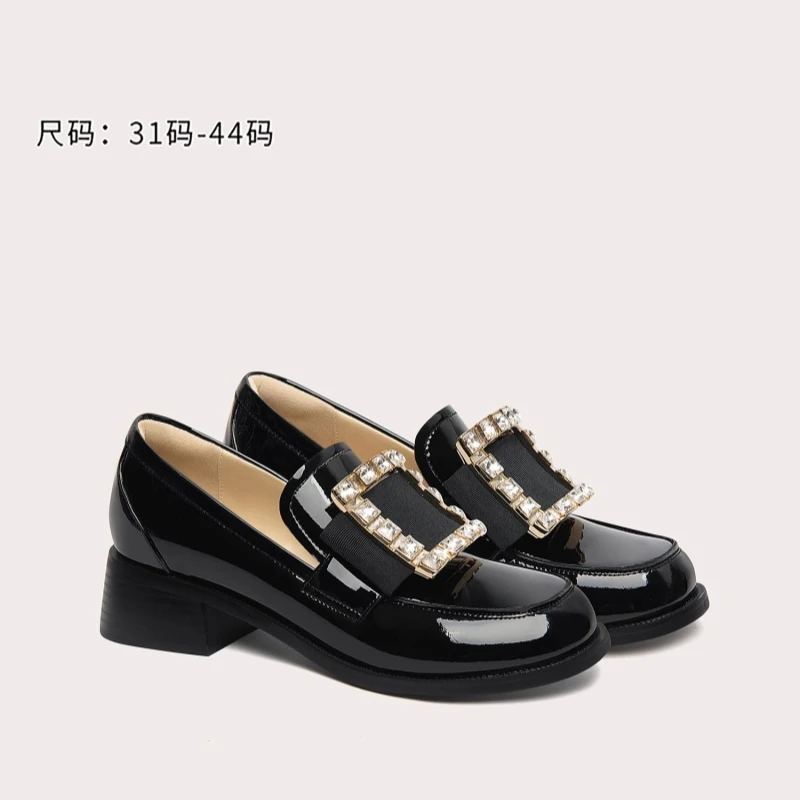 Spring and autumn round toe patent leather rhinestone metal buckle flat loafers low-heeled dress large size small women's shoes