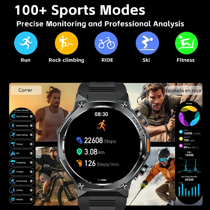 2025 New Smart Watch Men 800mAh Large Capacity Battery Outdoor LED Flashlight Bluetooth Call Waterproof Sport Fitness Smartwatch