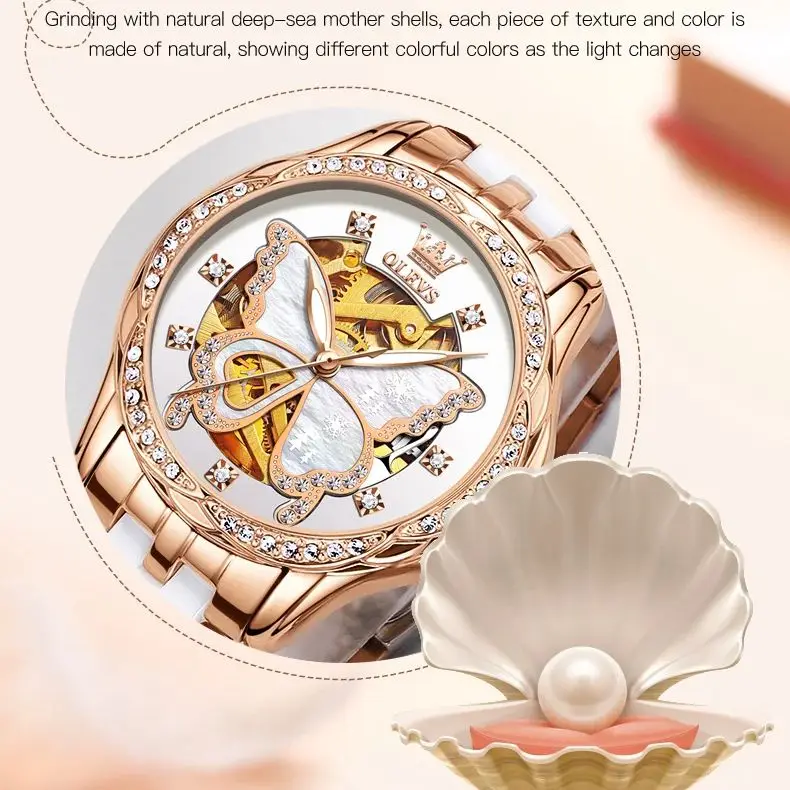 OLEVS 6622, элегантные женские часы, роскошные бриллианты, розовое золото, бабочка, женские автоматические механические часы, модный комплект браслетов, часы