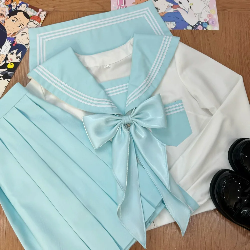 Abito da marinaio giapponese Fuku Uniforme da studente per ragazze delle scuole superiori coreane Blu cielo Set uniforme sexy Jk da donna Gonna a pieghe a maniche corte