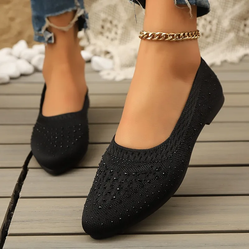 2026 new women's flat shoes large 42 upper breathable knitted sole non slip rubber material pointed shoes spring / summer /