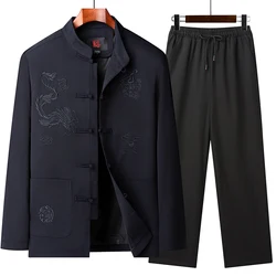 Tang Suit (top + Pants) Spring and Autumn Retro Chinese Style Zhongshan Suit Embroidered Jacket Grandpa Suit