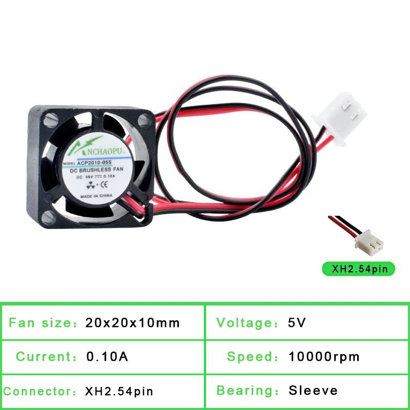 ACP2010 2cm 20mm fan 20x20x10mm DC5V 12V 0.10A 10000rpm 2pin Micro cooling fan for power monitoring charger