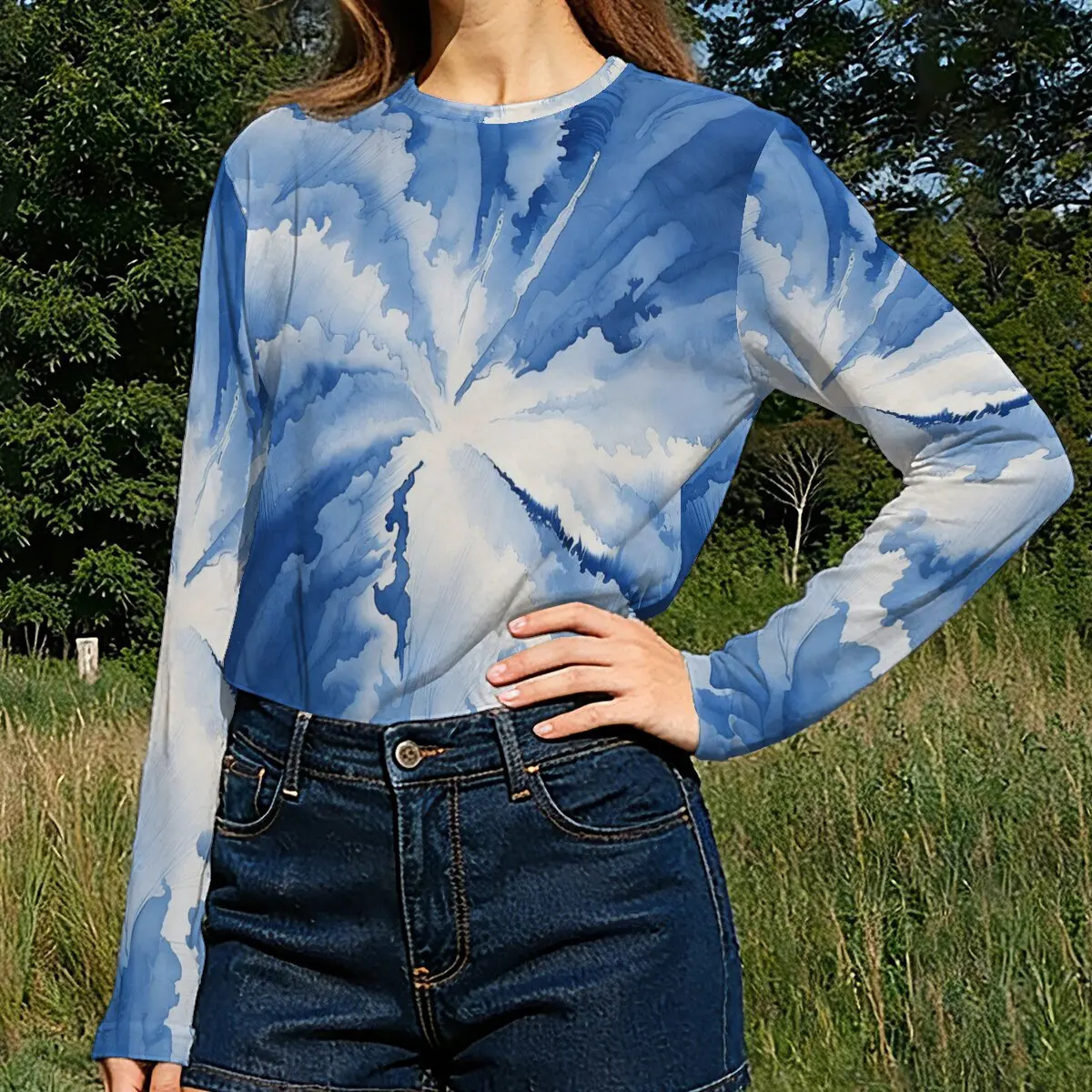 Women's long-sleeveT-shirt for autumn and winter,blue and white smudged effect,versatile for workplace,casual and holidayoutin
