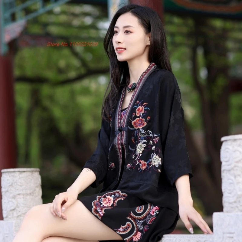 2024 chinese vintage blouse national flower embroidery v-neck coat improved jacquard sun-protective clothing oriental hanfu tops