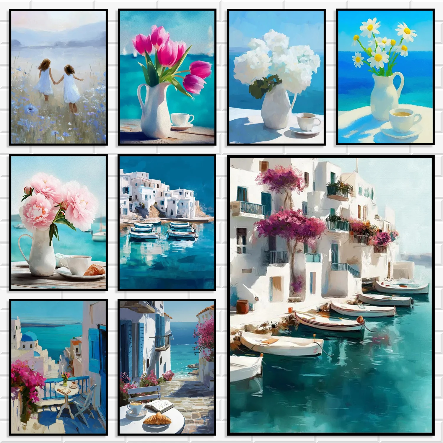 Greek Santorini Coastal Canvas Wall Art Set Mediterranean Blue Sea White Building Poster for Bedroom Cafe Beach House Home De