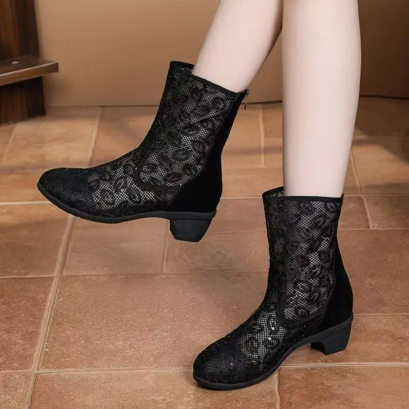 

Women's Summer New Block Heel High Top Mesh Embroidered Boots Soft Sole Non Slip Breathable Zippers Dance Boots Cool Boots