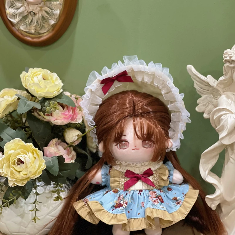 Handmade 2pc 15/20/40CM Doll Clothes Vintage Floral Princess Dress Hat Plush Dolls Outfit Toys Baby Doll's Accessories Cos Suit