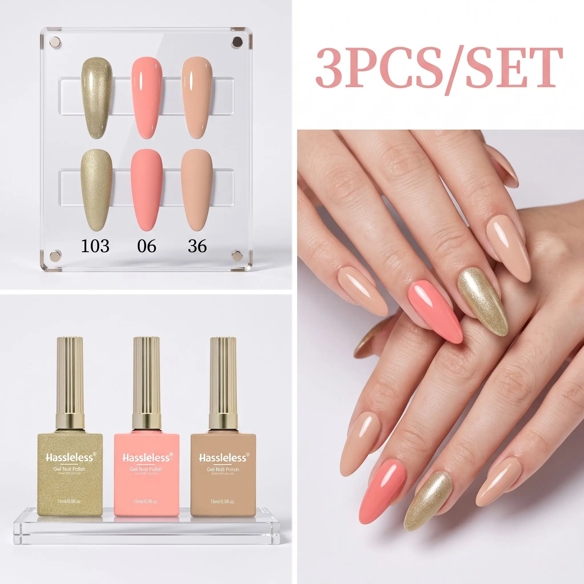 Hassleless 3Pcs Nail Polish Gel Set, Full Size 0.51 oz Set Includes Pre-Test Colors, Suitable for DIY Nail Art, Universal Nail Polish Gel for Hands and Feet