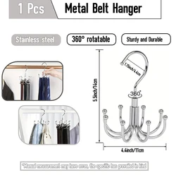 1pc 8-claw Belt Rack Stainless Steel Rotatable Rack Hook Hanging Belt Hanger Closet Hanger Accessories Space Saving（sliver）