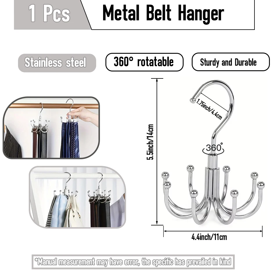 Belt Hanger for Closet, 360 ° Swivel Belt Rack, Belt Organizer with 8 Hanging Hooks, Accessory Organizers, 1Pc