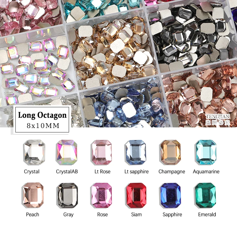 Long Octagon Shape 8x10MM Flat Back Nail Art Rhinestone 12 Color Glass Stone DIY Manicure Decorations Mini Diamond 100Pcs