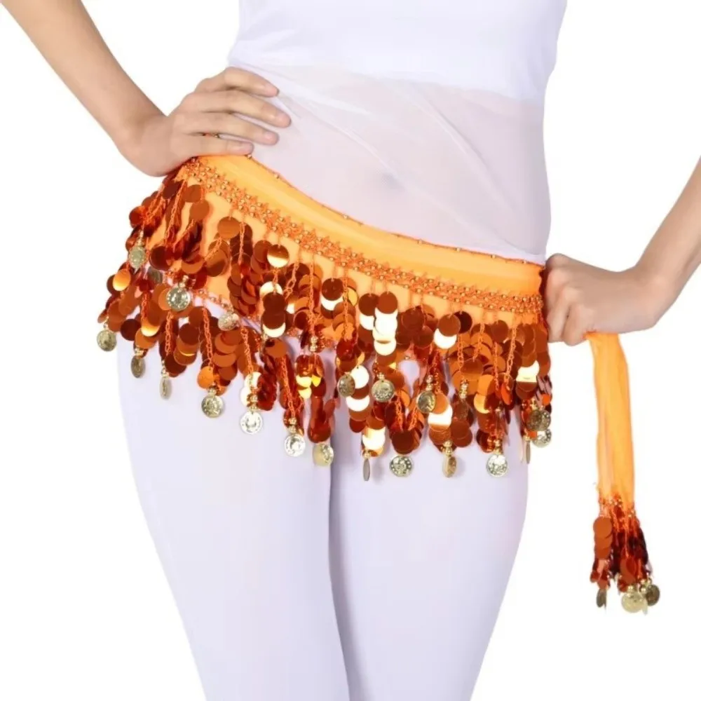 Ceinture de danse du ventre pour femmes, écharpe de hanche avec pièce de monnaie de couleur or, pompon, chaîne de taille, paillettes, jupe, Costumes de spectacle, nouvelle collection