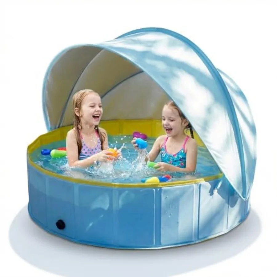 

Outdoor backyard kiddie pool with canopy for ages 4-8, foldable wading pool in blue, UV-resistant PVC material with shade tent