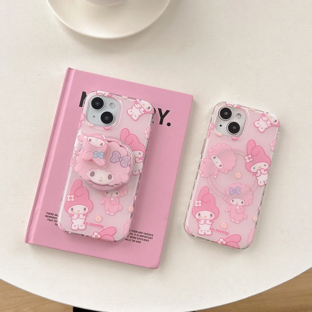 Casing Ponsel Pengisi Daya Nirkabel Magsafe Tempat Pegangan Magnetik Piano My Melody Sanrio Lucu untuk iPhone 16 15 14 13 Pro Max Sampul Keras