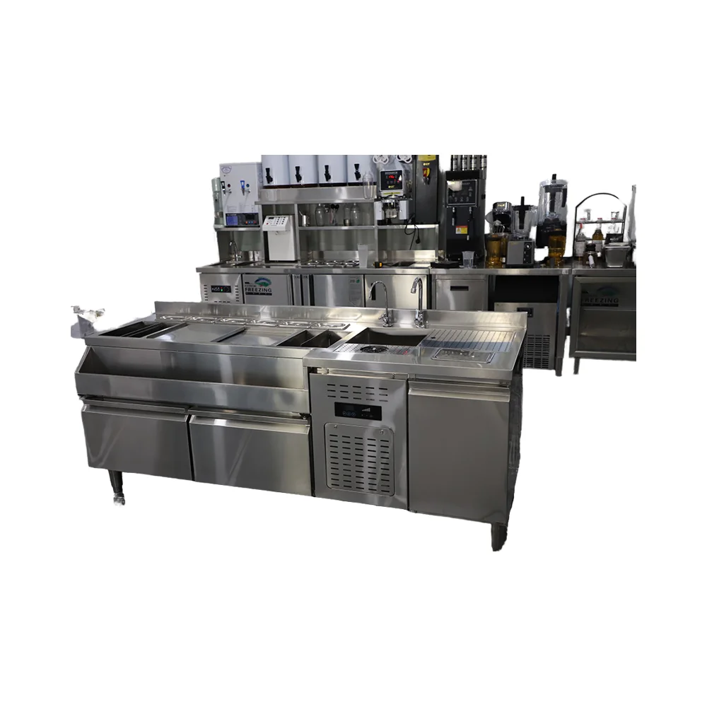 The bar shop uses new stainless steel tables, bar workstations, and cocktail bartenders.