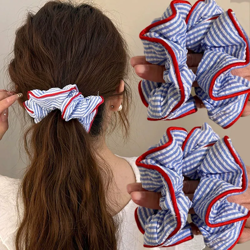 

Red Hem Blue Stripes Hair Scrunchie Korean Fashion Hairband Soft Stretchy Hair Tie for Women Girls Gentle Daily Hair Accessory