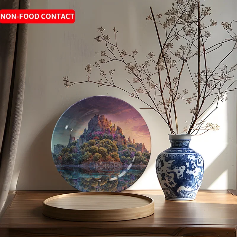 Vintage Ceramic Decorative Plate - Castle Lake Scene Art Ornament, Non-Food Contact, Ideal for Home, Living Room, Study,