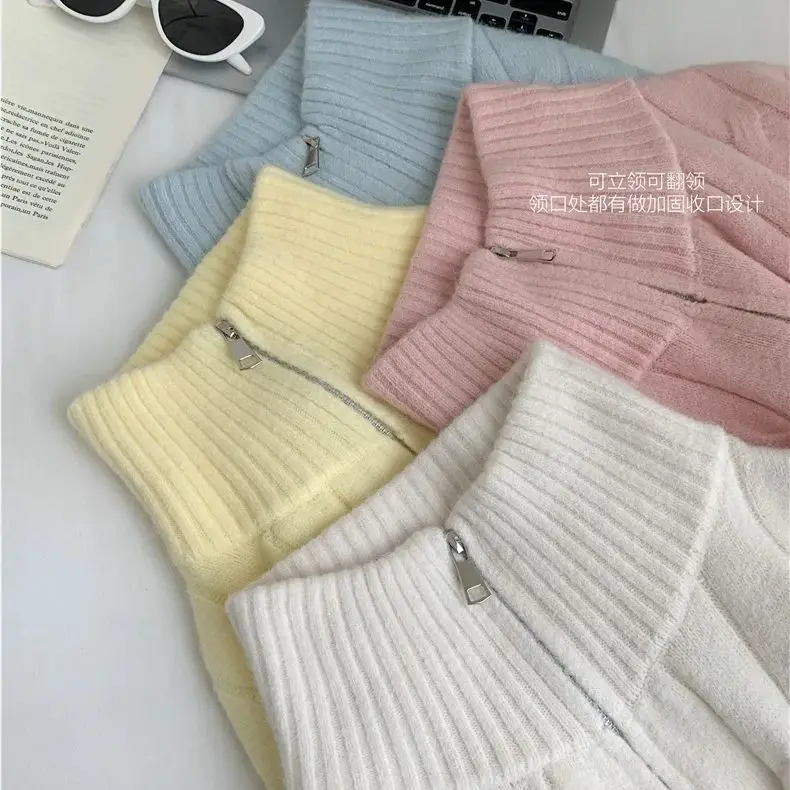 Maglione da donna con colletto rialzato con doppia cerniera 2024 giacca cardigan comoda morbida e cerosa stile pigro autunno e inverno