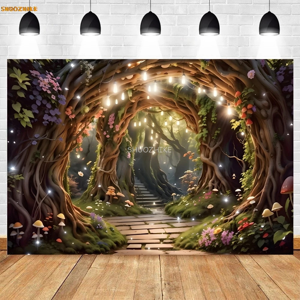 Fairy Tale Forest Photography Backdrop Wonderland Dreamy Jungle Mushroom for Baby Birthday Party Portrait Photo Background Props