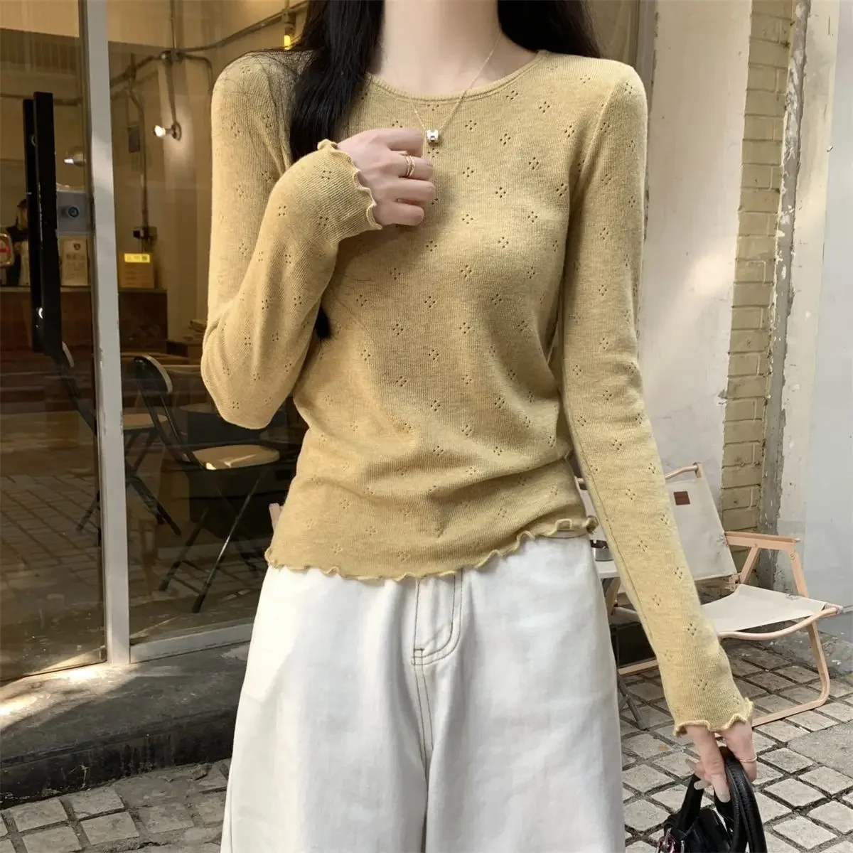 

Spring New Style Thin Sun Protection Base Layer Fashionable Hollow Elegant White Long Sleeve Knitted Sweater Slim Fit round Neck