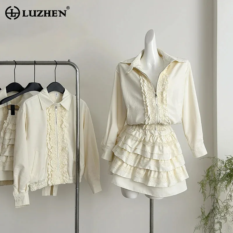 LUZHEN Multi Layered Ruched Hemline Mini Skirt Solid Color Zipper Casual Jacket Women's Autumn New Fashion Two-piece Sets AA1598