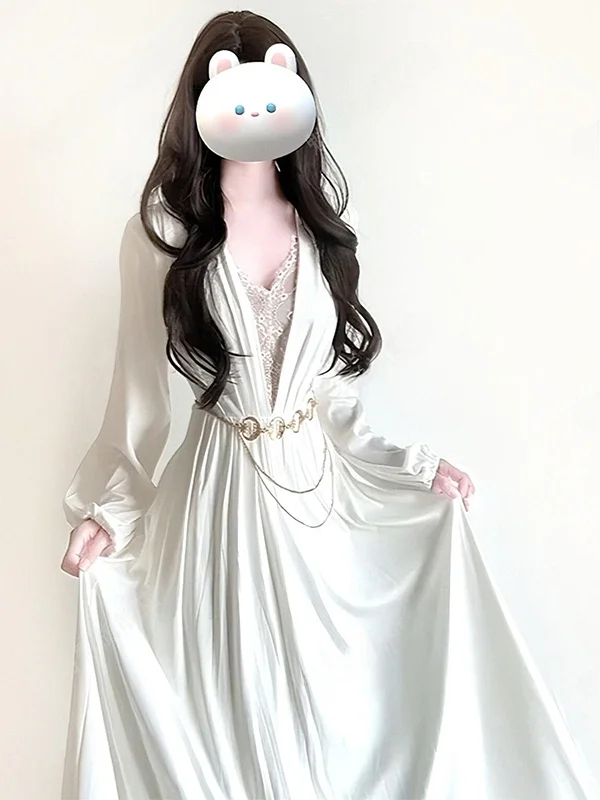 

French Style Lace Splice Long Sleeve V-neck Women's Dress Waist-cinching High Waist A-line Skirt Slimming Long Dress