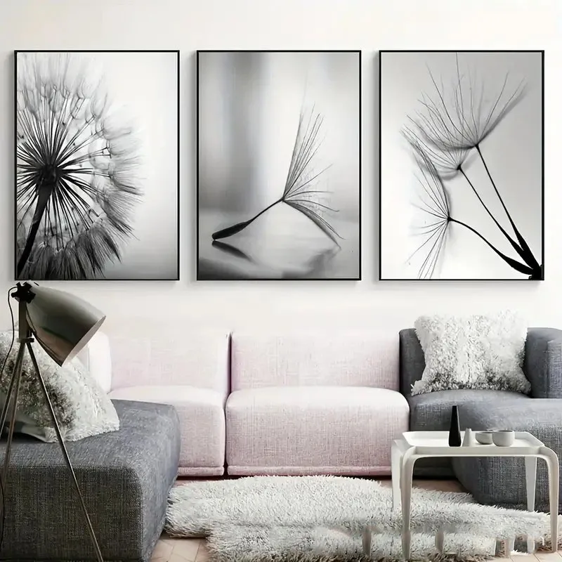 

Abstract line dandelion canvas painting plant flower hanging painting bedroom living room triptych decorative painting