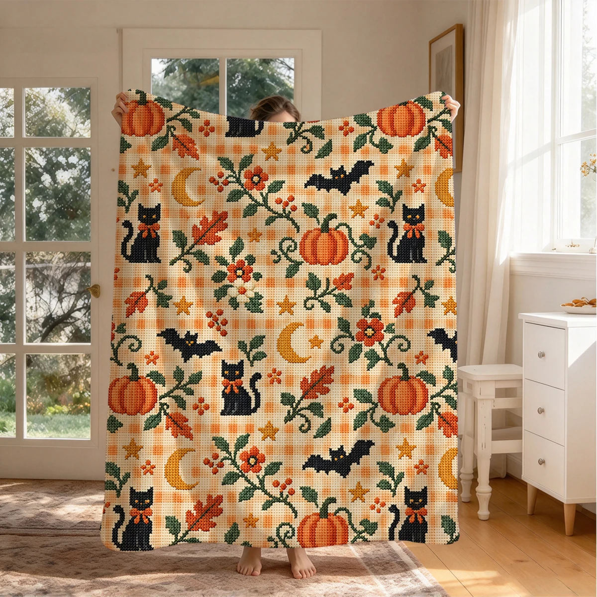 Autumn Cross stitch Flannel Blanket Warm Soft Halloween Christmas Couch Warm Cozy Decorative Decor Gift for All Season