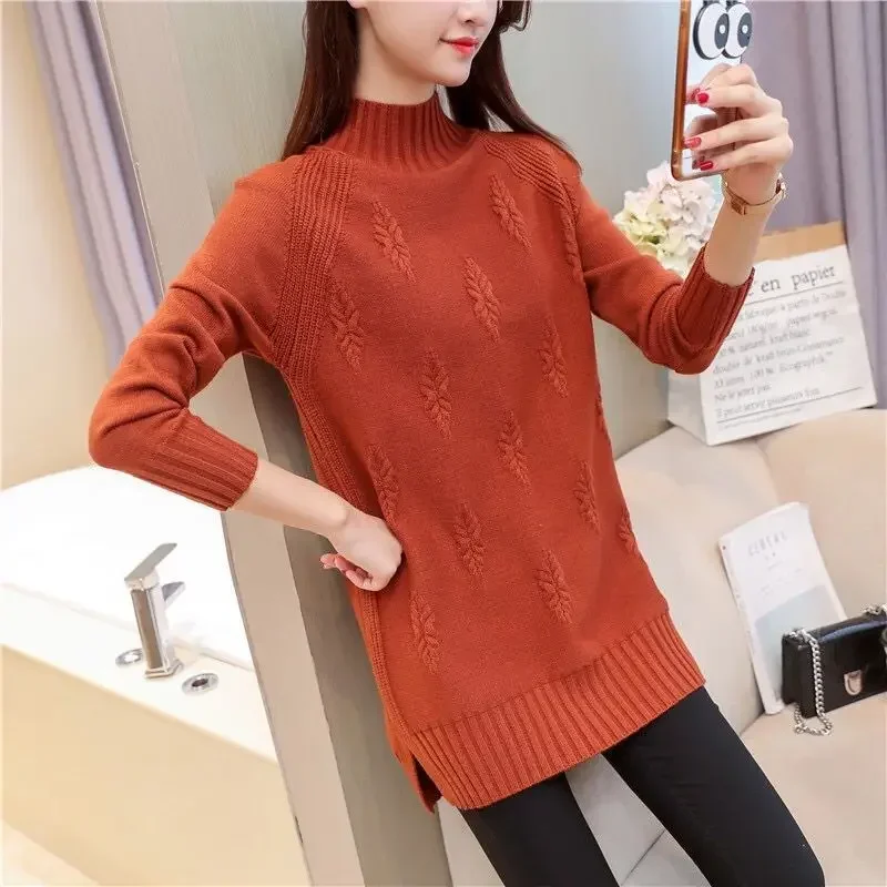 

Korean Bottoming Shirt Women's Spring Autumn Half High Collar Knit Sweater Long-Sleeved Pullover Loose Tops Femme 2024 A357