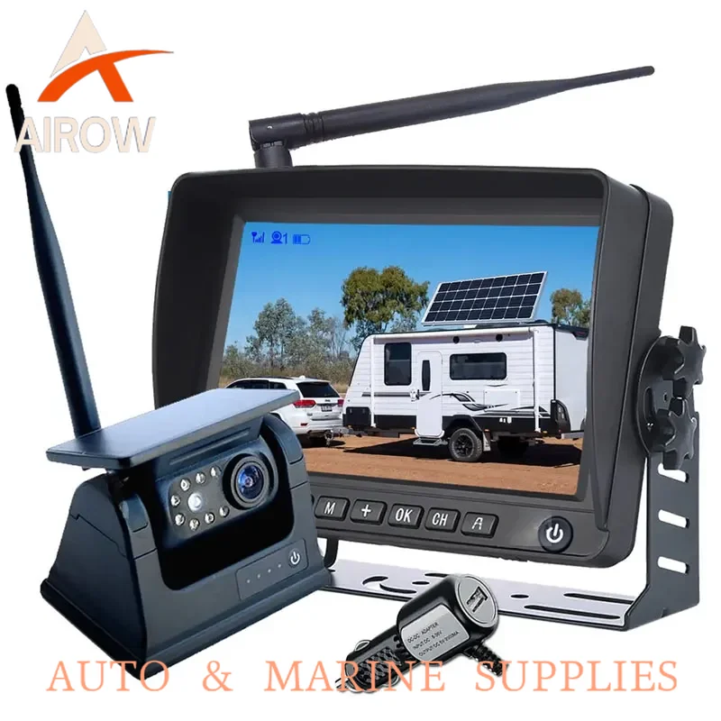 Airow auto 7 Inch Solar Powered Wireless Rear View Camera Magnetic Backup Camera 9600mAh Battery for Truck RV Commercial Vehicle