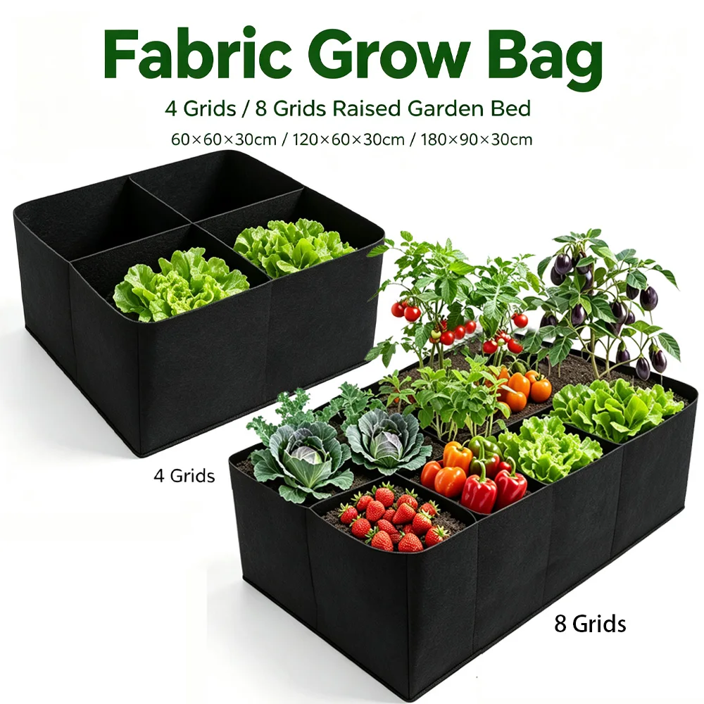 4/8 Grids Felt Raised Garden Bed  Non-woven Breathable Rectangle Grow Bag for Vegetables Potato Herbs Flowers Outdoor