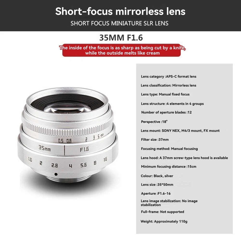 AT42 35mm F1.6 Camera Lens Large Aperture Manual Fixed Portrait Camera Lens for C-Mount Cameras Accessory Silver