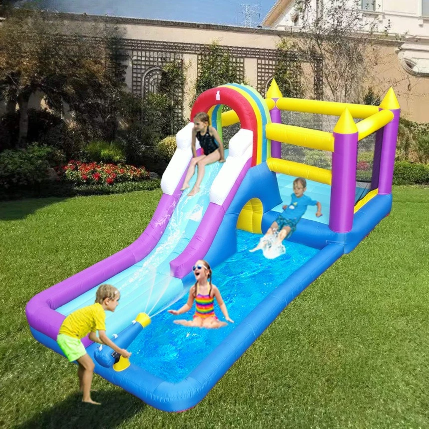 Rainbow Water Slide Bounce House with pool Inflatable Jumping Castle for Kids Indoor Outdoor Play Pool With Air Blower