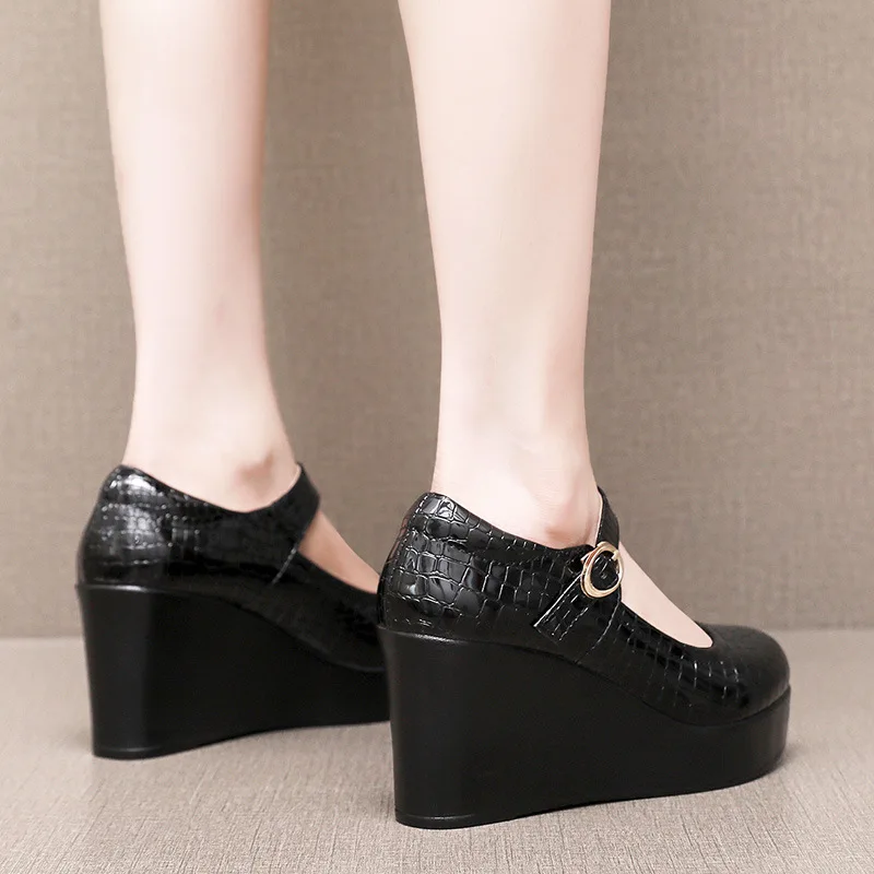 6cm 8cm Small Size 33-43 Shallow Patent Leather Mary Janes Woman High Heels 2025 Spring Thick Platform Wedges Shoes Office Mom