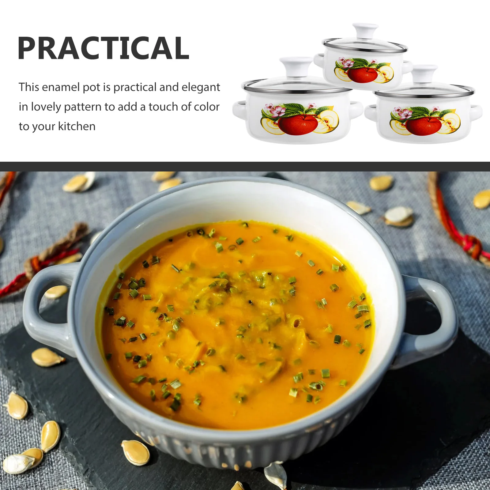 

3pcs Small Enamel Pot Vintage Kitchen Cooking Soup Stockpot Set for Milk Eggs Coffee Oatmeal Lightweight Heat Resistant