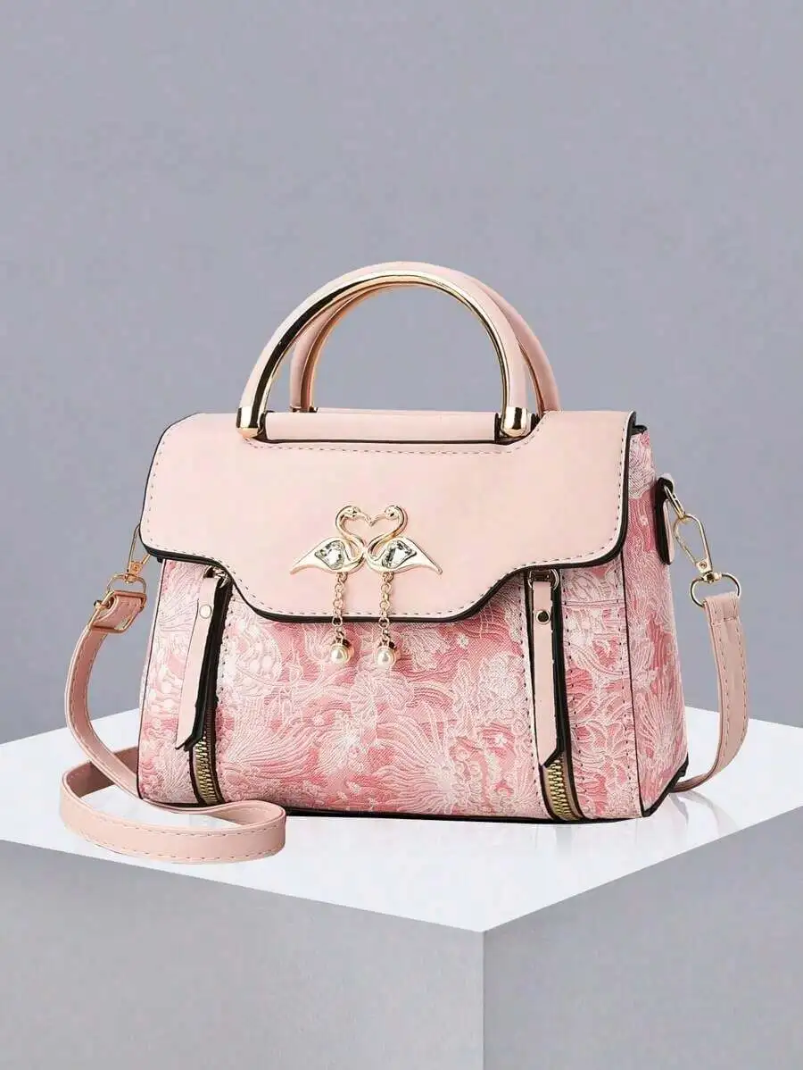

Women Pink Floral Pattern Mini Top Handle Crossbody Bag With Flamingo Decor