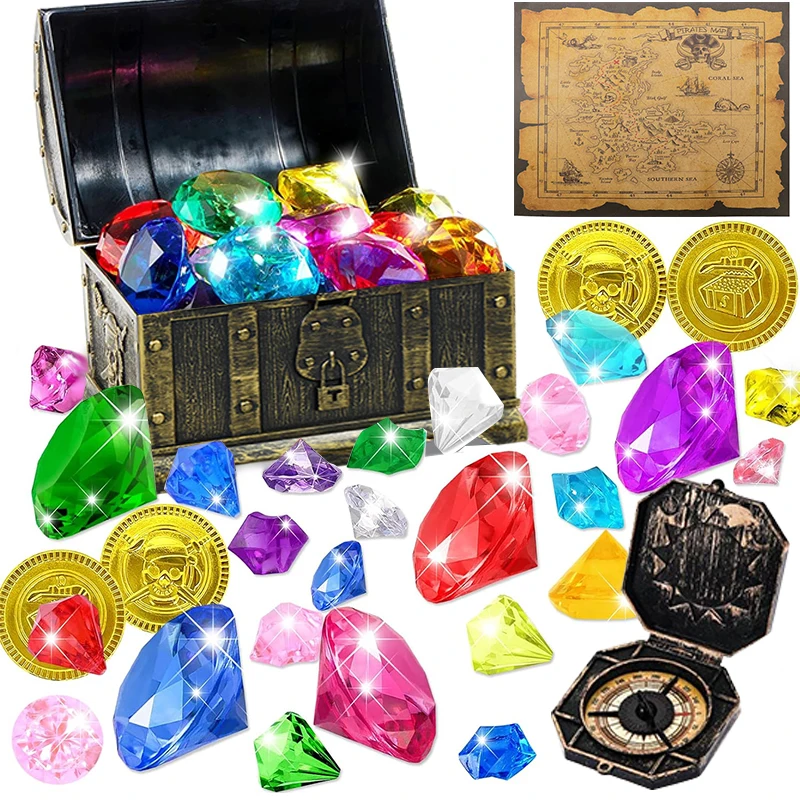 Pirate Captain Cosplay Costume Props Pirate Gold Coins Jewels Gems Treasure Box Kids Favors Gift Toys Halloween Decorations